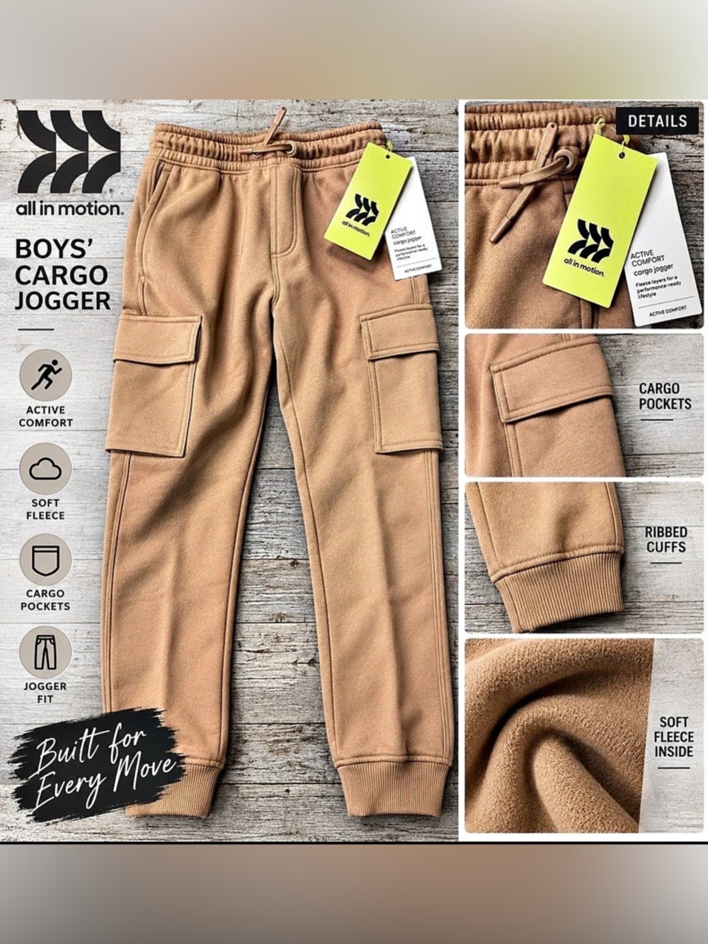 All in Motion Boys Cargo Jogger Pants – Tan – Size L 10/12 – NWT